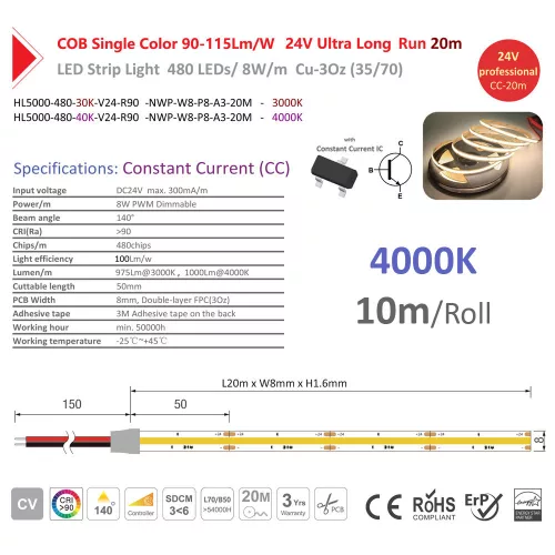 LS08-24CK4 • LEDsec • CC COB LED Strip-480LEDs/m-8mm 8W/m 
