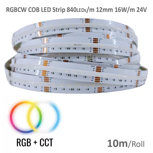 LS12-24RGBCW-16 • LEDsec • RGBCW COB LED Strip-840LEDs/m-12mm 16W/m 