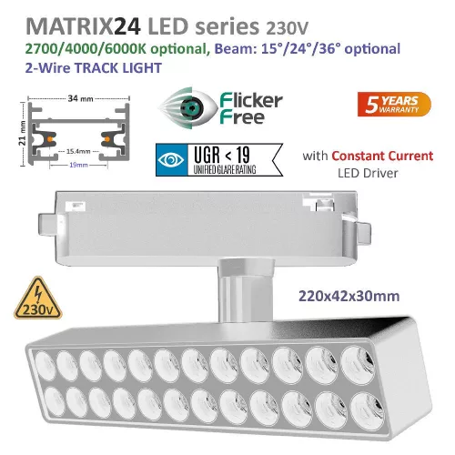 LEDsec Sínes Spot LED Lámpa MATRIX24-TR2 36° 16W 450mA 3CCT STEP Dimm. 22Cm 230V 1600Lm Fehér