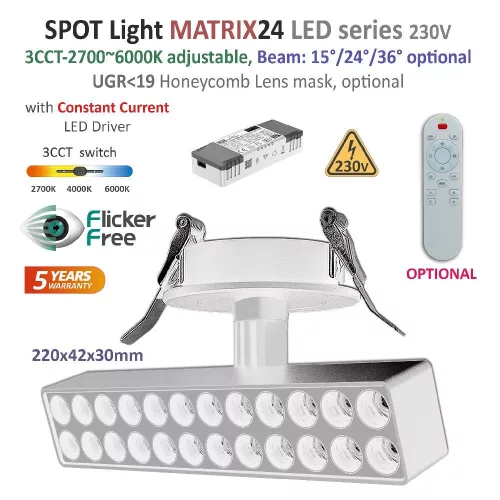 LEDsec R LED Spot Lámpa MATRIX24 15° 16W 450mA 3CCT 22Cm 230V 1600Lm Fehér
